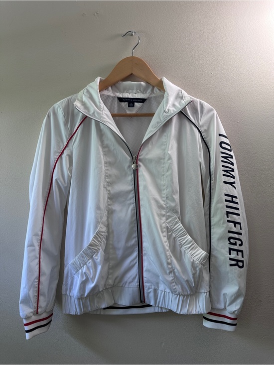 Tommy Hilfiger Jackets & Blazers - Tommy Hilfiger Womens White Windbreaker Jacket Spellout Sleeve Track Sport XS